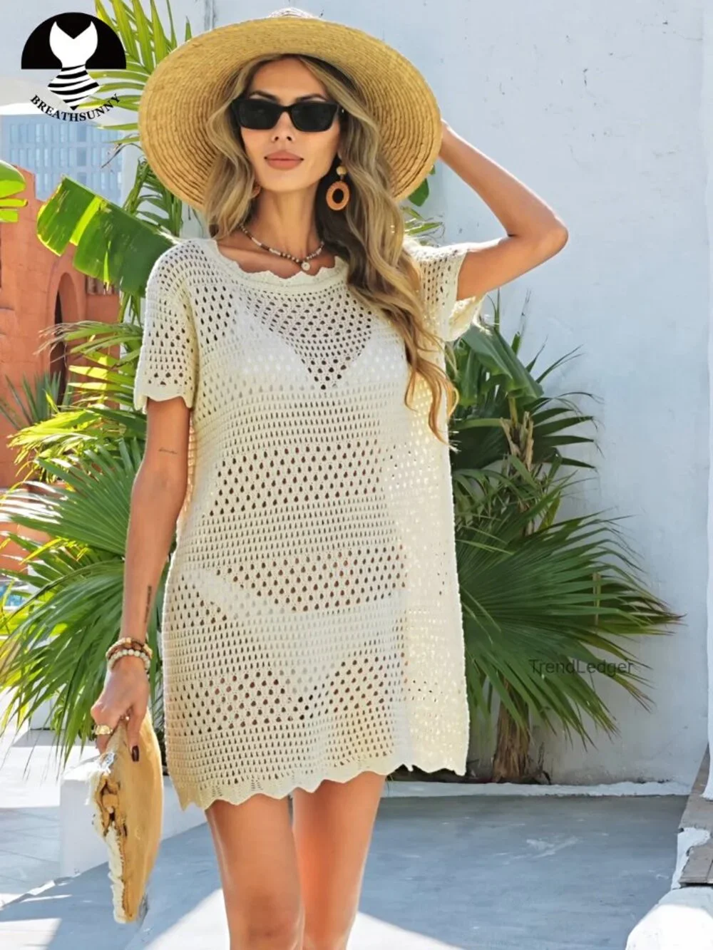 Crochet Swimsuit Cover Up Mini Dress Short Sleeve Mesh Knit Beach Coverup